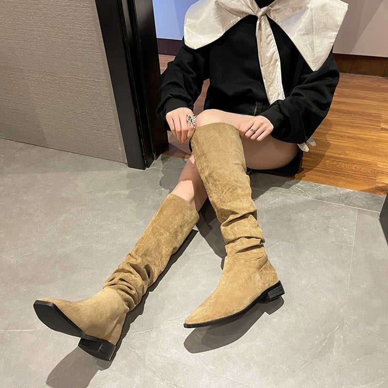 Women's Pile Style Riding Vintage Suede Thick Pointed Toe Boots
