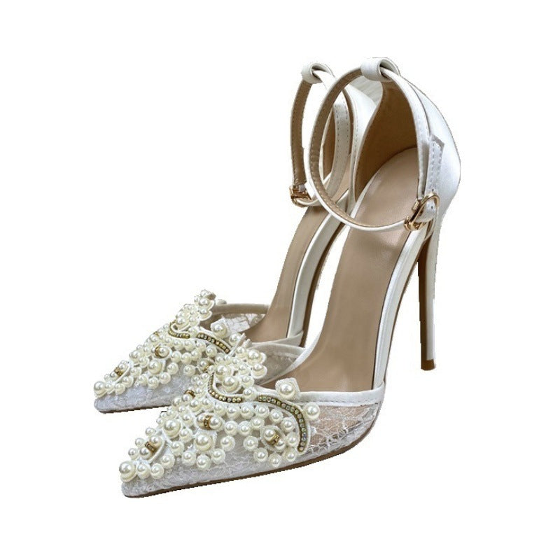 Women's Pointed Toe Cap Rhinestone Lace Buckle High Heeled Sandals