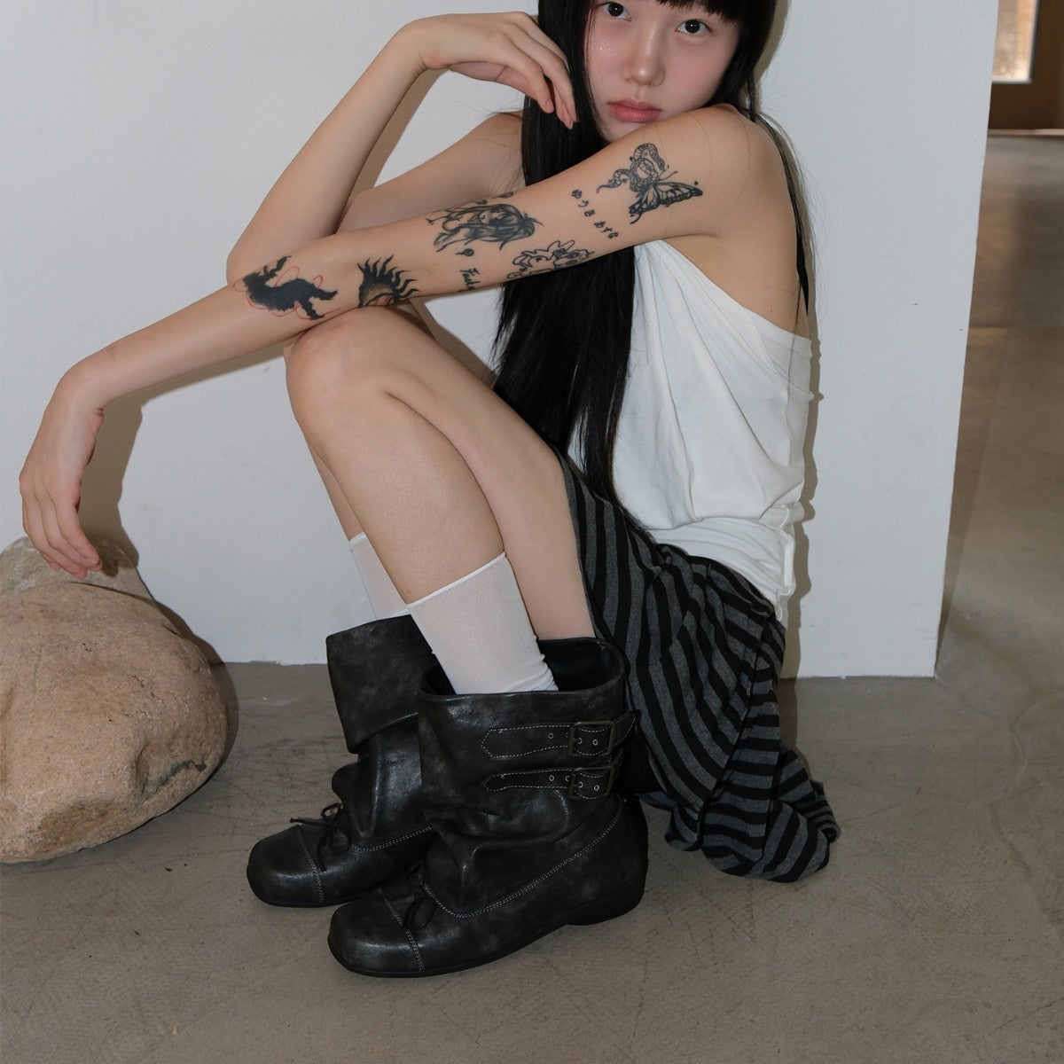 Women's Bow Booties Ballet Style Retro Distressed Short Pleated Black Women's Leather Boots