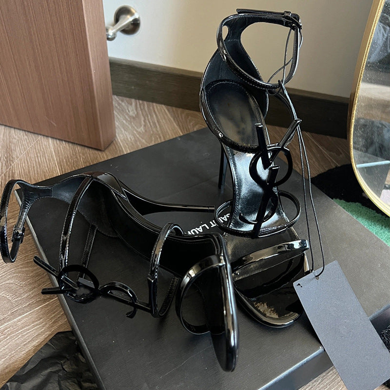 Women's Spring Black Letter Buckle Patent Open Toe Sexy High Heeled Sandals