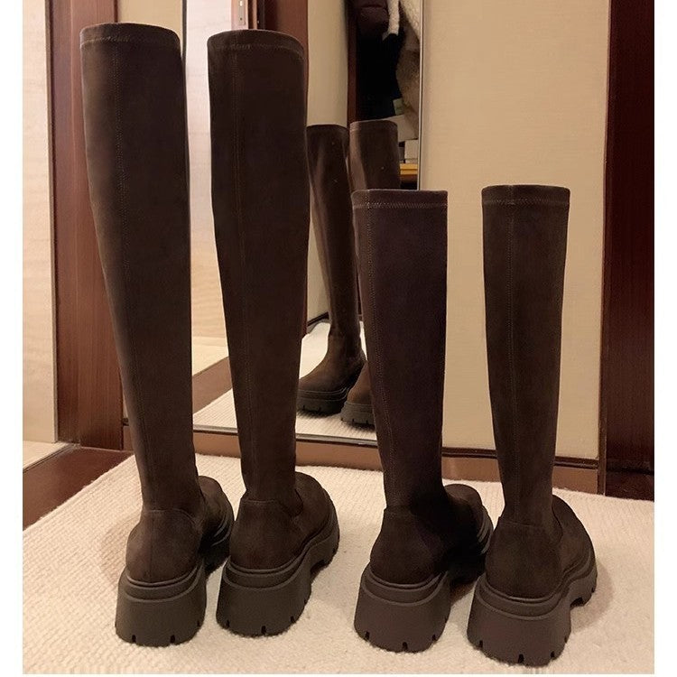 Cowhide Version Round Toe Thick Bottom Women's Leather Boots