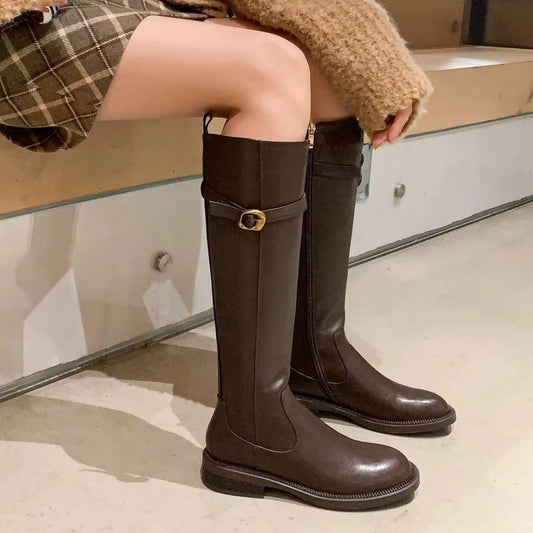 Small Golden Button Thick Bottom Chunky Tall Knight Slim Heels