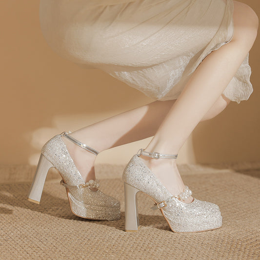 Pearl Waterproof Platform Mary Jane Square Toe Thick Height Women's Fashion Shoes