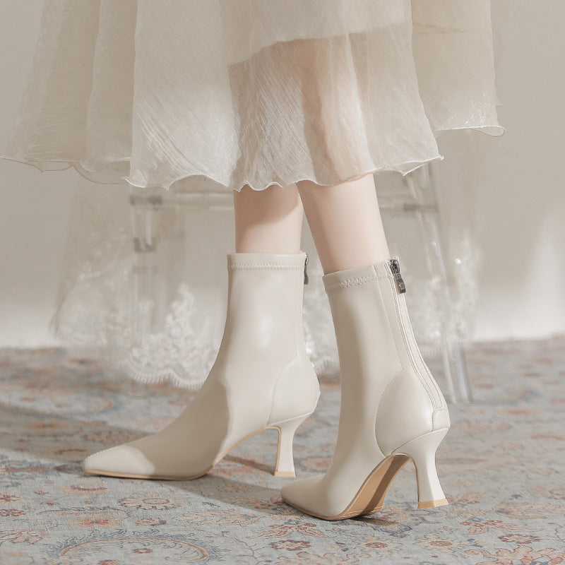 Women's White Ankle High French Stiletto Pointed Toe Back Zipper Women's Leather Boots
