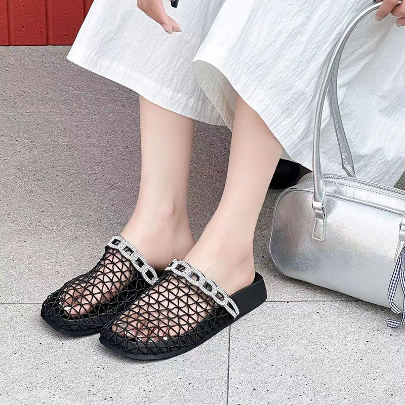 Fishnet Rhinestone Niche Flat Closed Toe Slippers