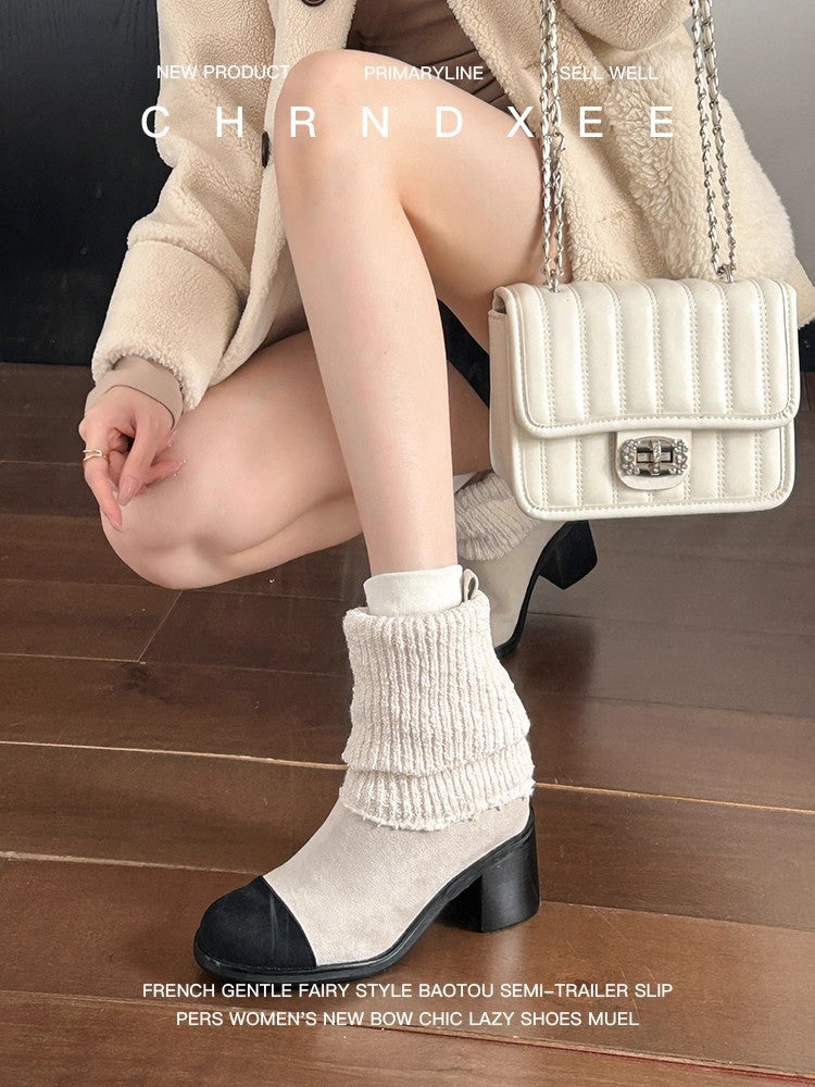 Classic Style Stretch Sock High Chunky Knitted Wool Fashion Women's Leather Boots