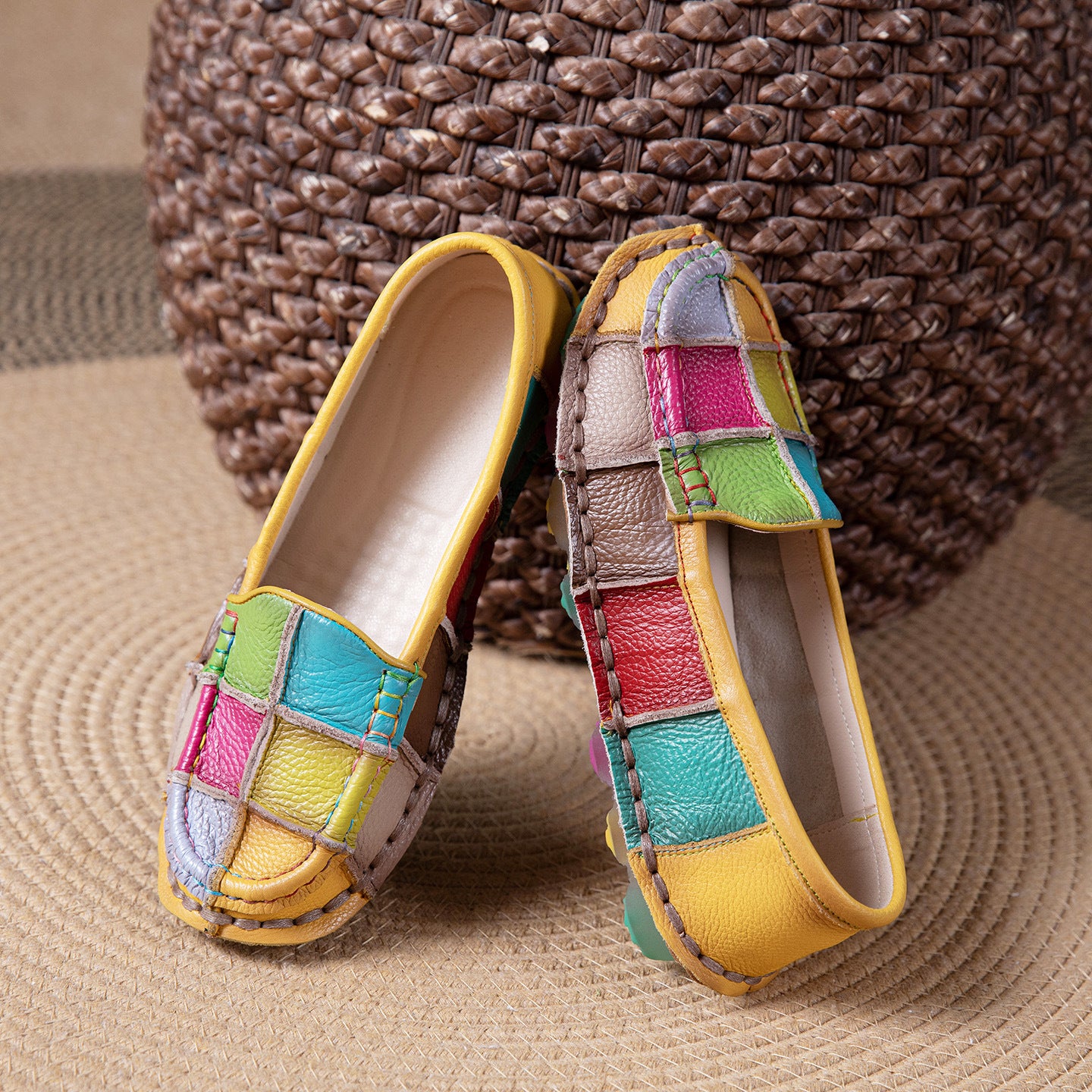 Women's Ethnic Style Spring Retro Handmade Rainbow Stitching Loafers