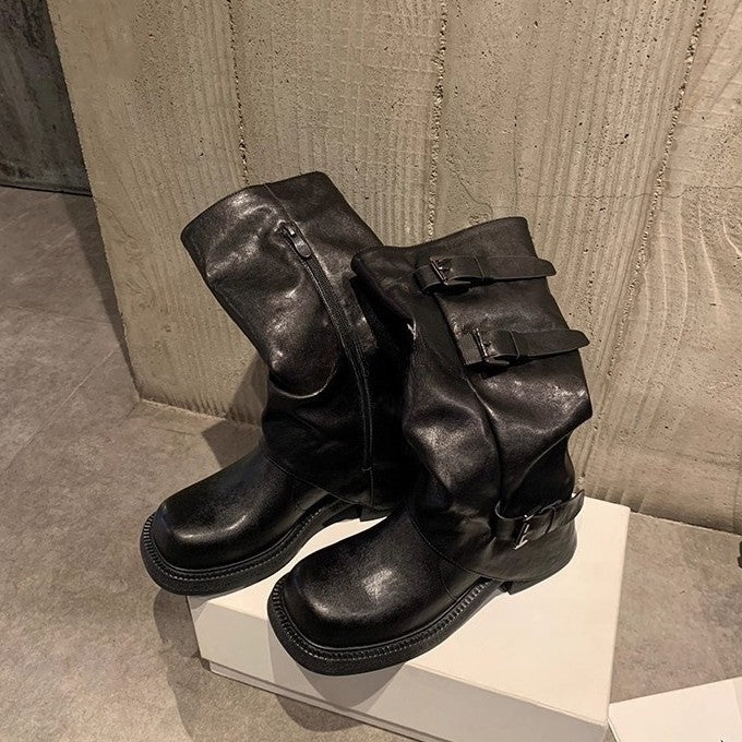 Women's Height Increasing Belt Buckle Head Amber Streamer Wind Western Pile Women's Leather Boots