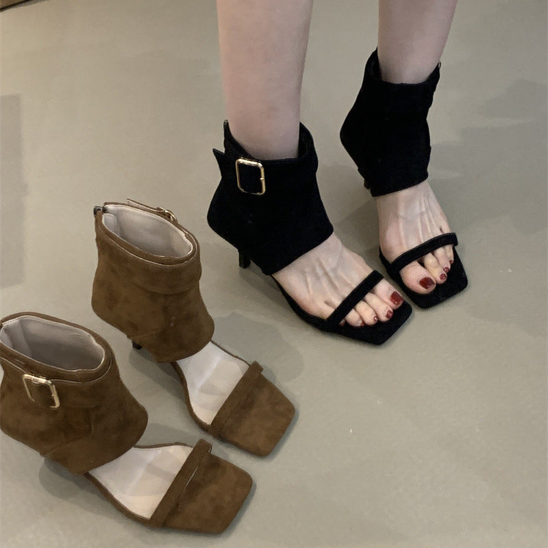 Little Fairy Vintage Suede Open Toe Belt Buckle Heels