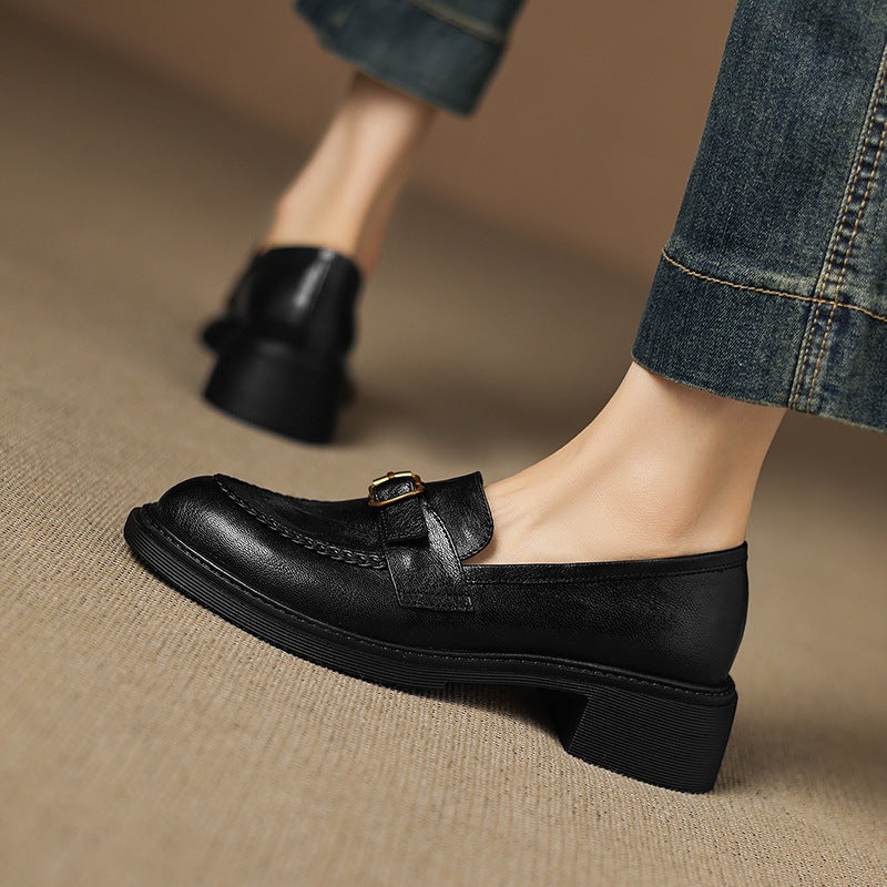 Autumn Round Head Chunky Platform Sheepskin Comfortable Female Black Heels