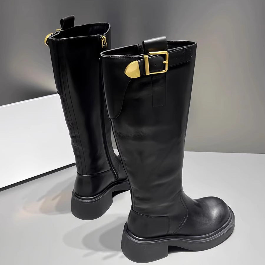 Women's Widened Metal Buckle Knight Fleece-lined Black Round Chunky Women's Leather Boots