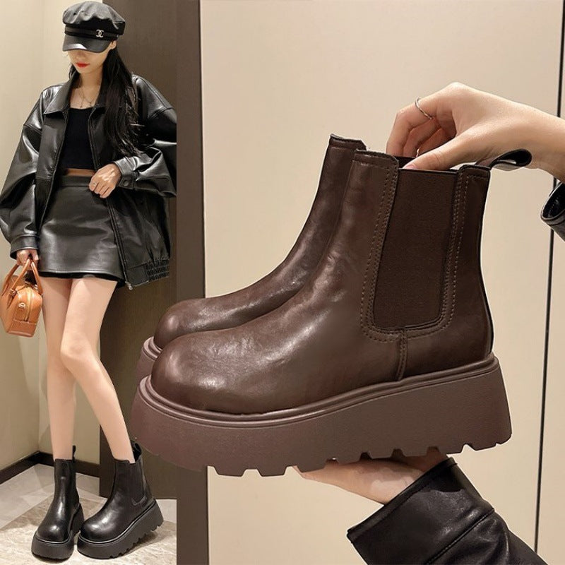 Women's Smoke Pipe Platform Chelsea Martin British Style Short Height Increasing Women's Leather Boots