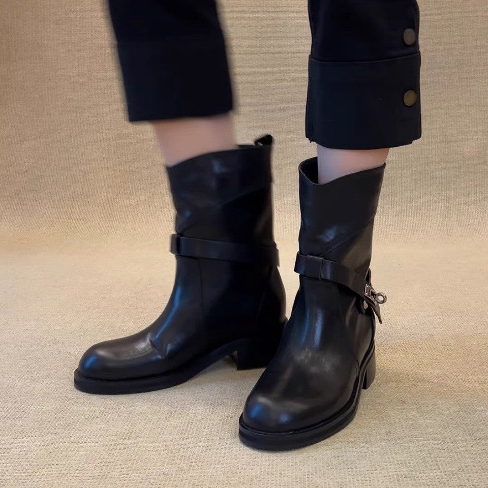 Style Round Toe Belt Lock Daily Chunky Ankle Graceful Fashion Women's Leather Boots