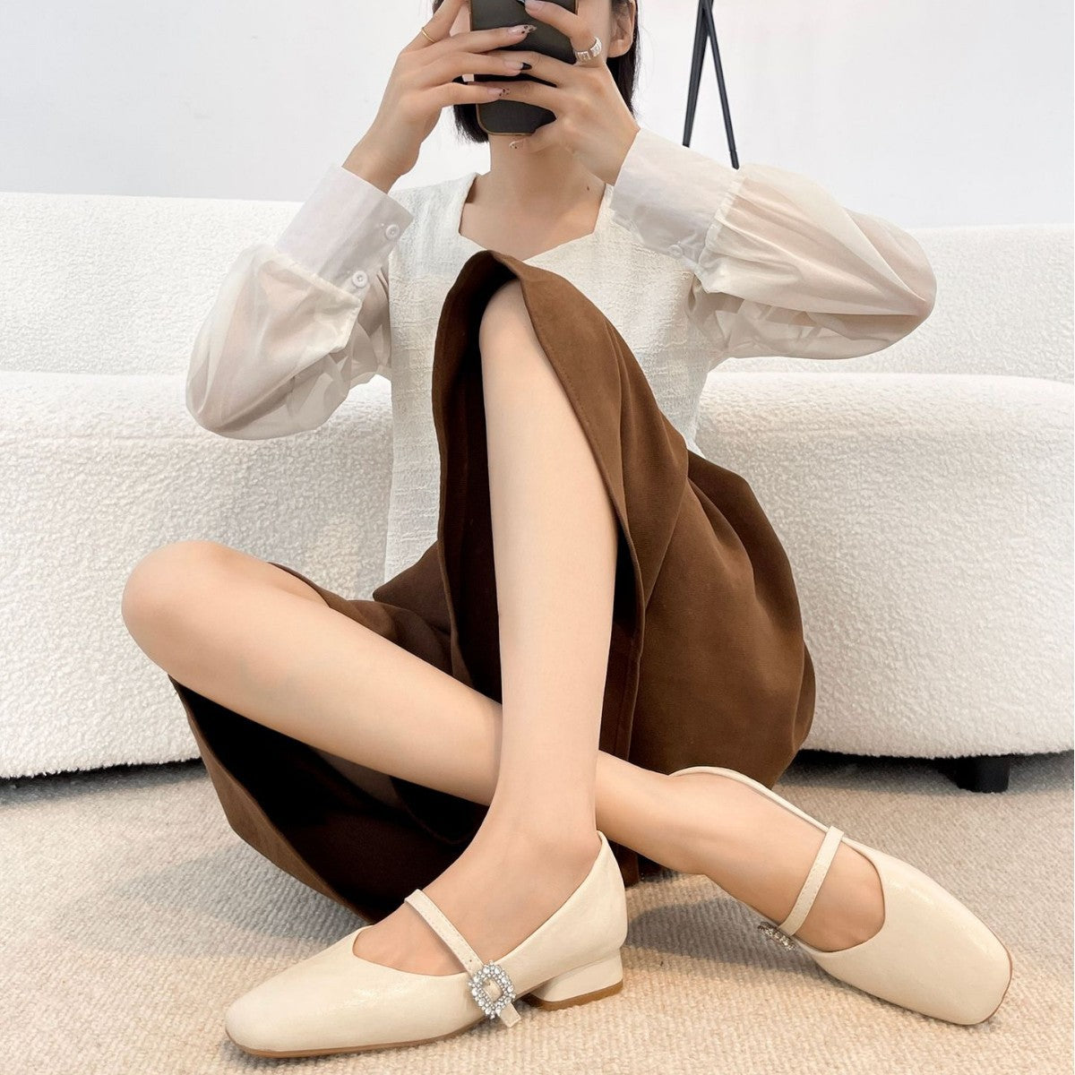 Women's Widened Fat Genuine Elegant Square Toe Style Matching Women's Shoes