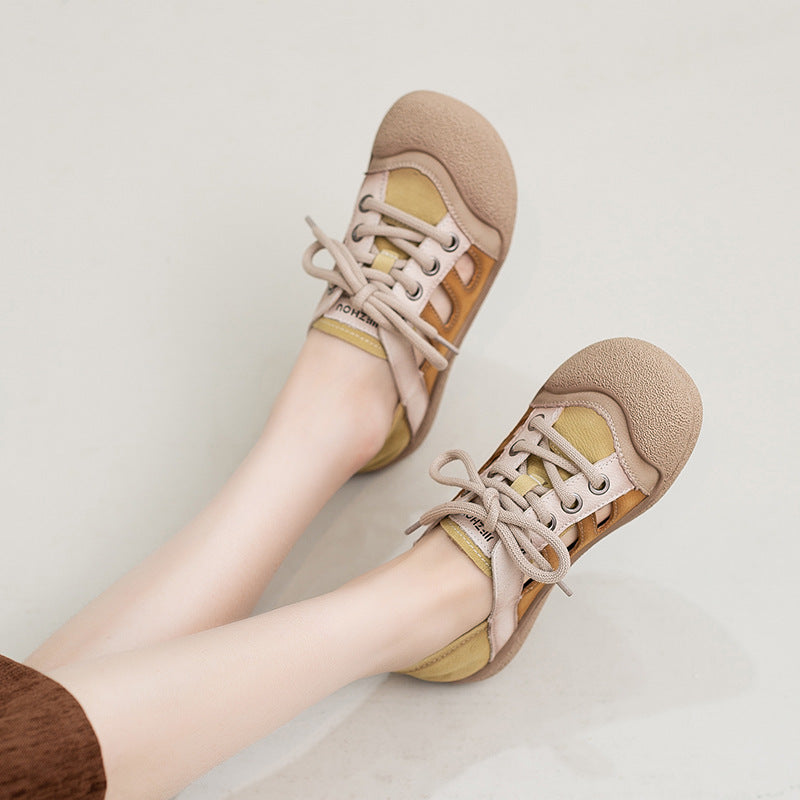 Women's Artistic Retro First Layer Cowhide Hollow Front Commuter Color Matching Women's Casual Shoes
