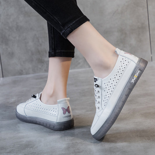 Women's Layer Cowhide Plus Size White Soft Sole Hollow Casual Shoes