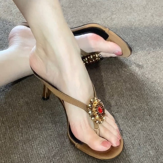 Women's Rhinestone Flower Flip-flops Retro For Heels