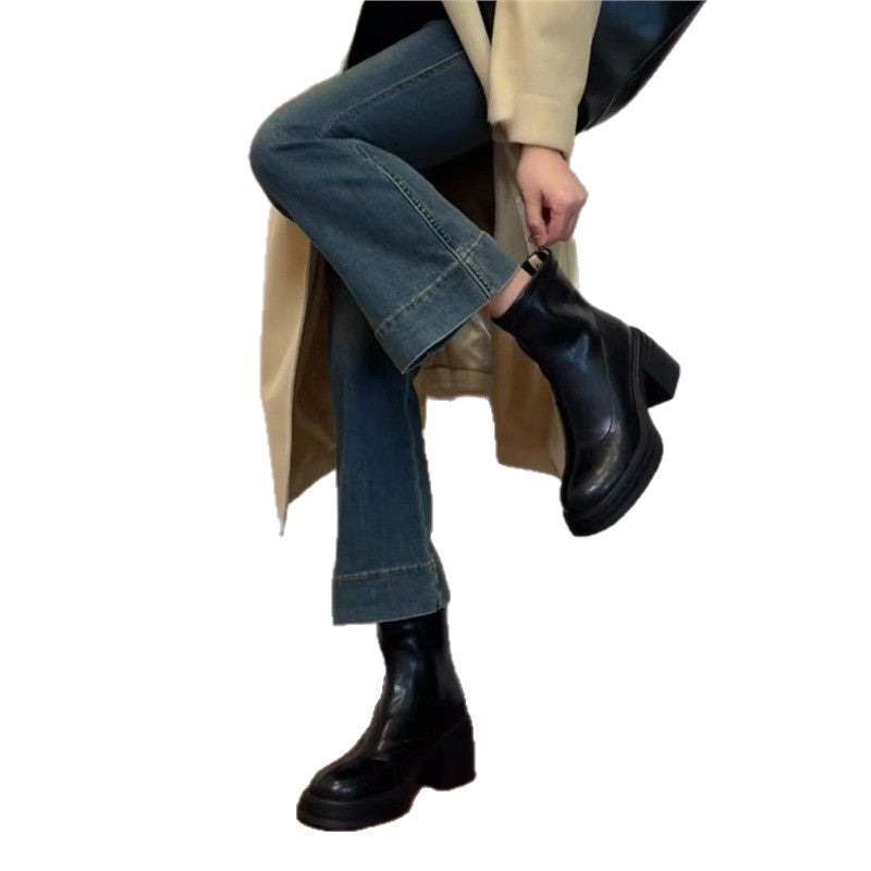 High Skinny Ankle Female Square Toe Rear Zipper Martin Women's Leather Boots