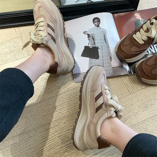 Women's Fashionable First Layer Cowhide Two Bars Thick Bottom Heightened Daddy Casual Shoes