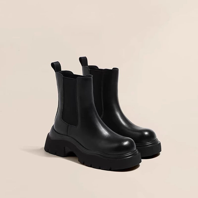 Women's Chunky Thick Bottom Single Chelsea Black Smoke Pipe Boots