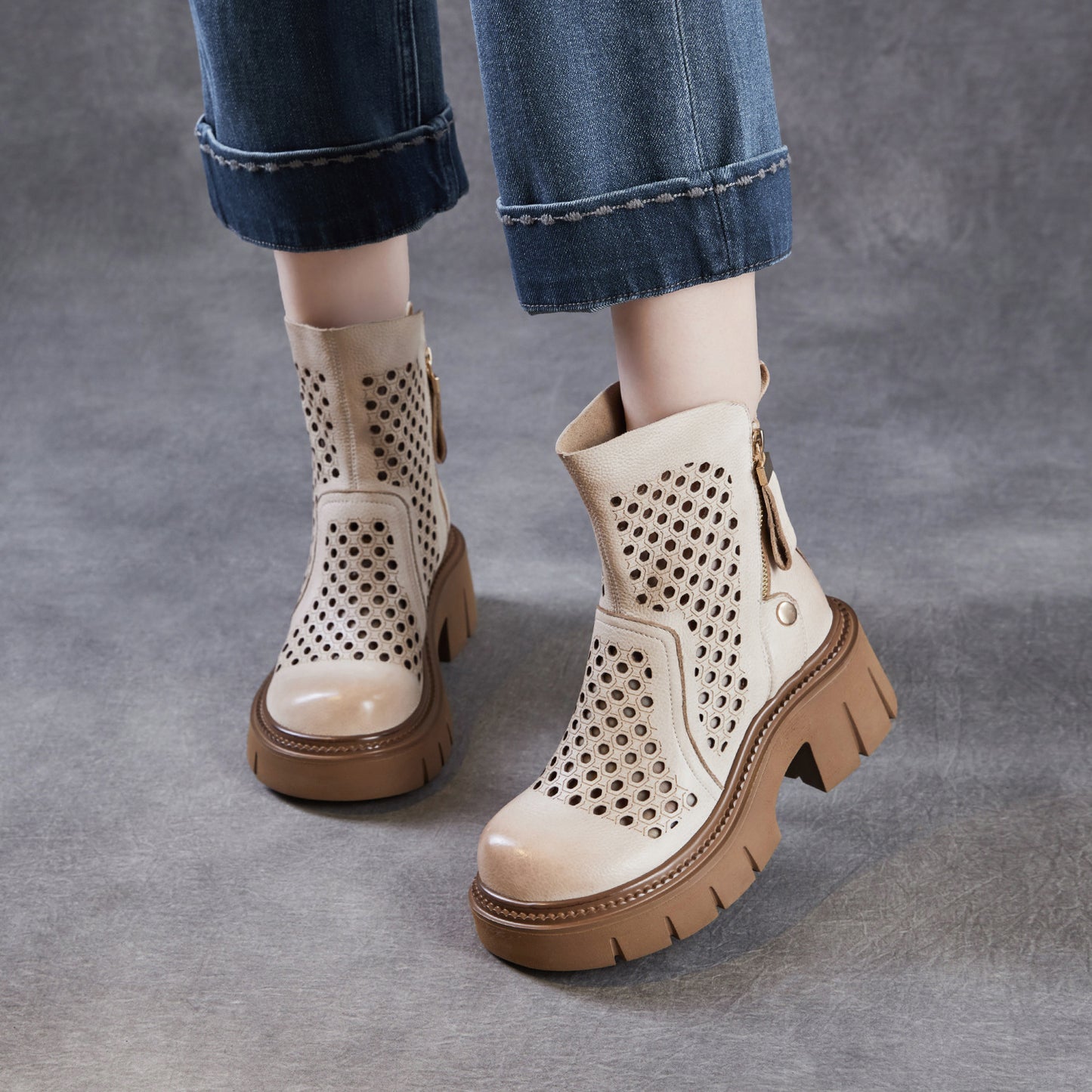 Women's Retro Side Zipper Hollow Hole Fashion First Layer Cowhide Women's Leather Boots