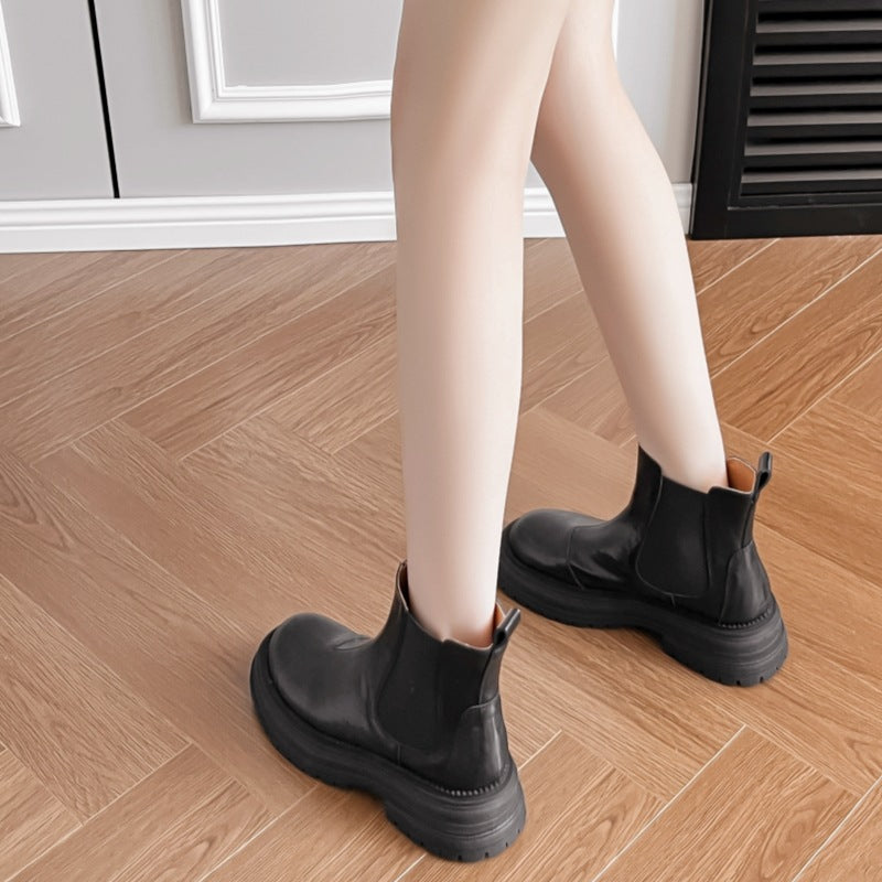 Women's Round Head Chunky Platform Smoke Pipe Chelsea Women's Leather Boots