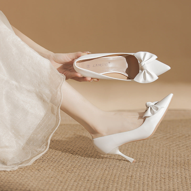 Women's Bowknot High Soft Pumps Stiletto Pointed French Women's Fashion Shoes