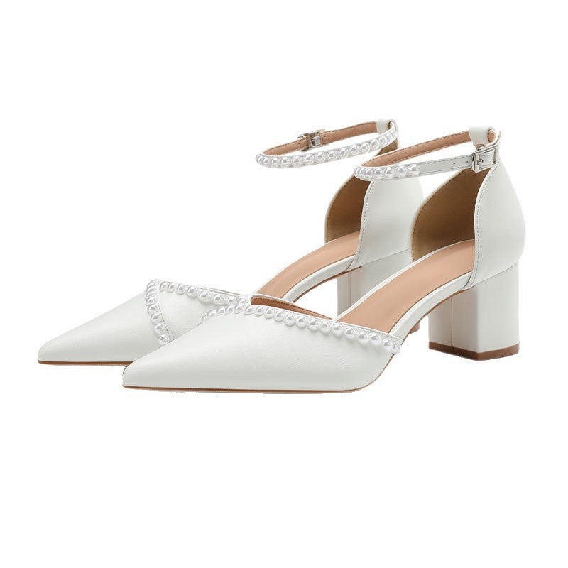 Women's Buckle Hollow Chunky Handmade Sticker Pearl Niche Shallow Mouth Pumps Women's Fashion Shoes