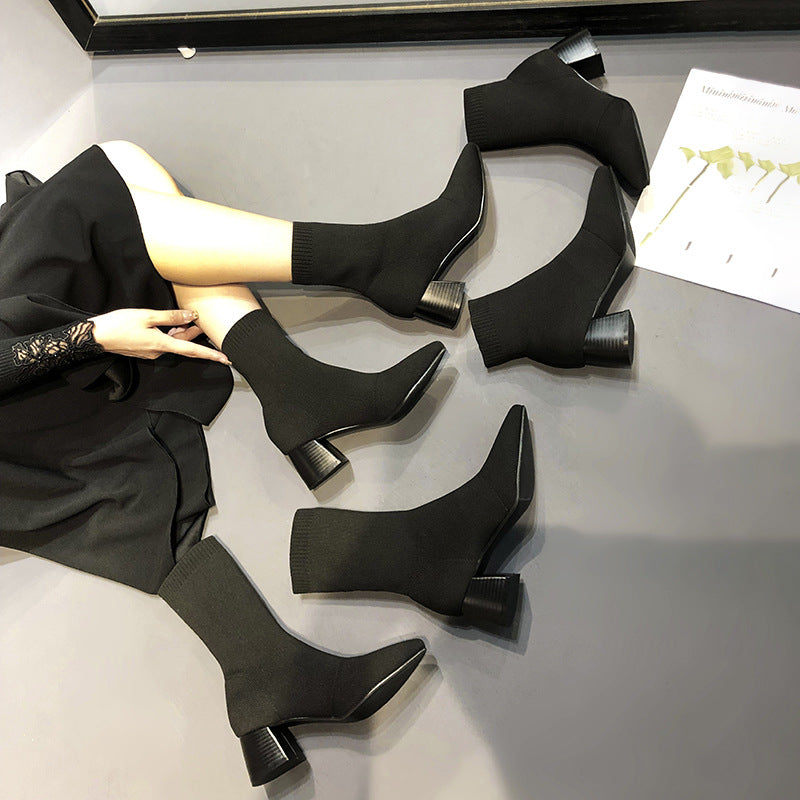 Women's Knitted Skinny Elastic Socks Chunky Ankle Plus Size Black Women's Leather Boots