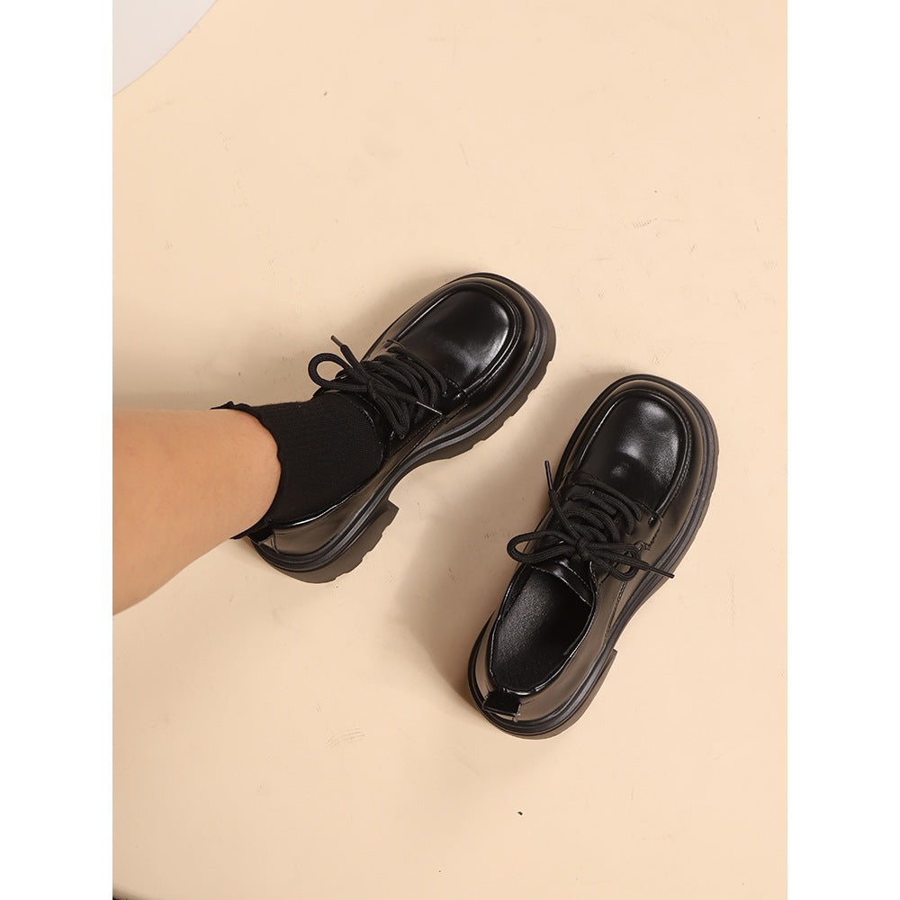Women's Platform College Black Thin British Style Leather Shoes