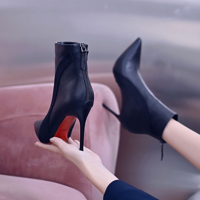 Women's & Men's Black Fleece-lined Skinny Pointed Toe Back Zipper Boots