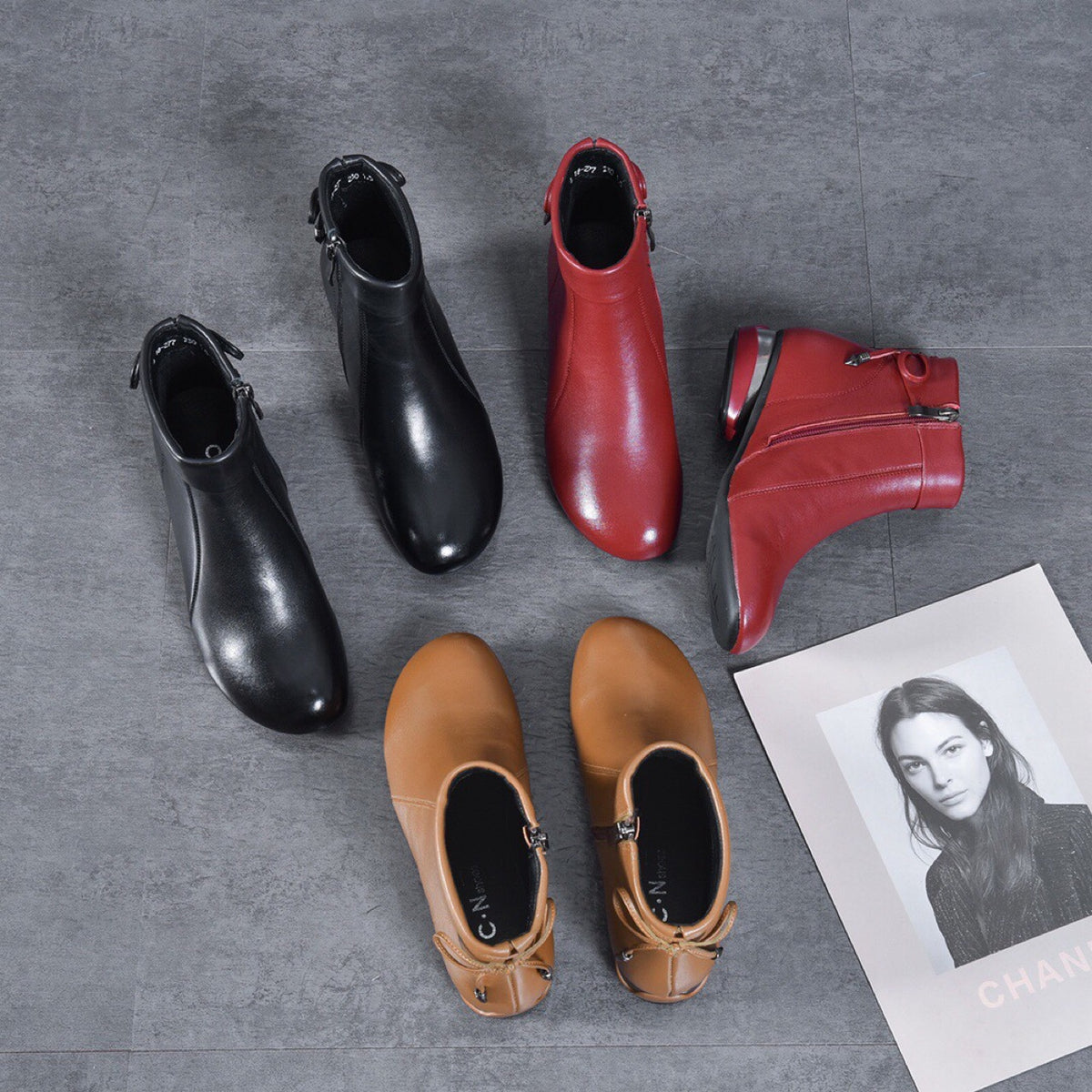 Women's Booties Authentic Low Chunky Round Toe Short Women's Leather Boots