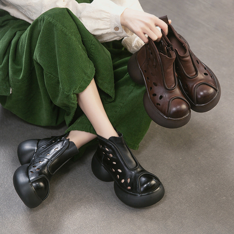Women's First Layer Cowhide Round Toe Hollowed Fashion Platform Women's Shoes