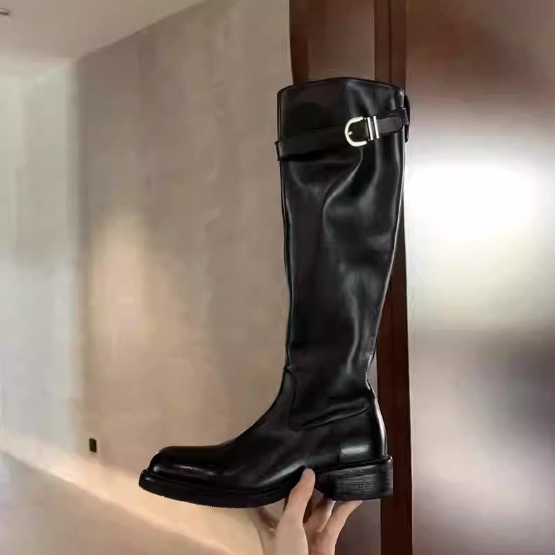 Women's Washed Soft Retro Chunky Thick Bottom Knight Slimming Brown Tube Boots