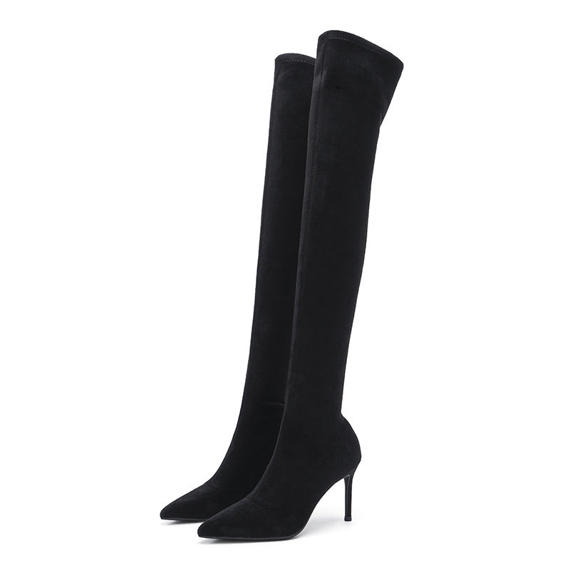 Women's Pointed Toe Stiletto Socks Stretch Thin High Tube Length Women's Leather Boots