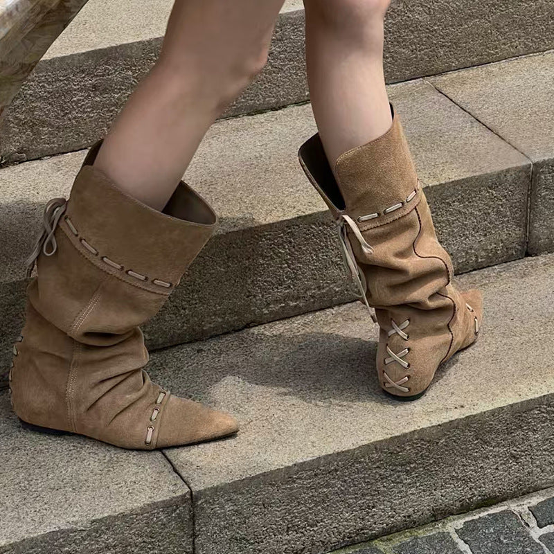 Women's Pile Style Skinny Knight Folding Two-way Women's Leather Boots