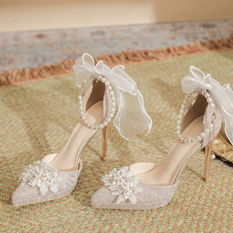 Women's Spring Sier High Stiletto Pearl Bow Rhinestone Bridal Heels