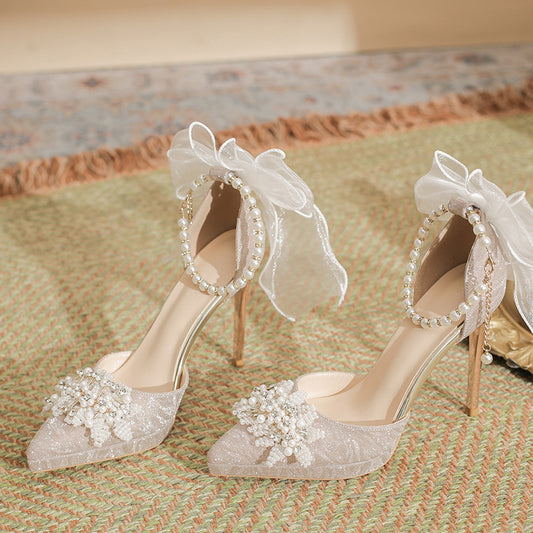 Women's Spring Sier High Stiletto Pearl Bow Rhinestone Bridal Heels