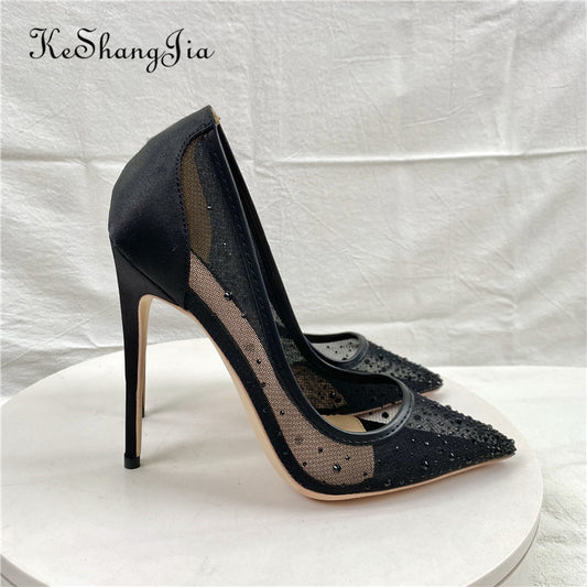 Women's Spring Breathable Mesh Diamond High Pointed Toe Shallow Mouth Heels