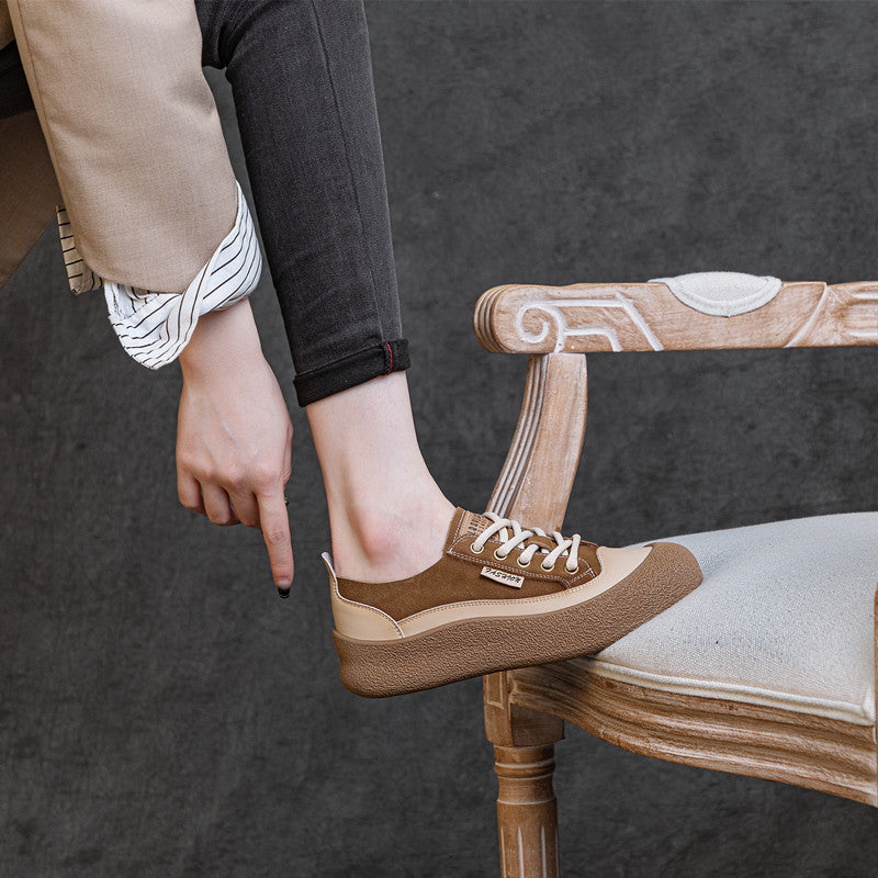 Women's Layer Cowhide Big Head Autumn Retro Color Matching Flat-heeled Casual Shoes