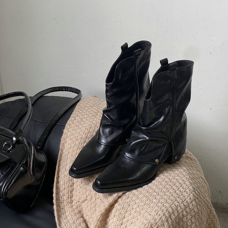 Women's Short Thick Pointed Toe Design Black Women's Leather Boots