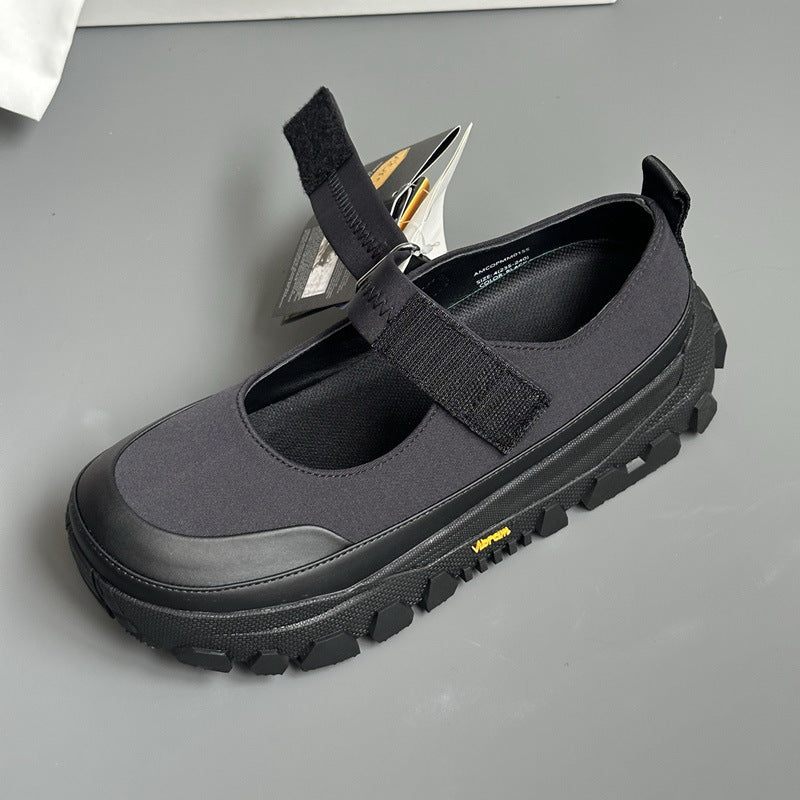 Thick Bottom Mary Jane Little Man Gospel Black Velcro Outdoor Women's Casual Shoes