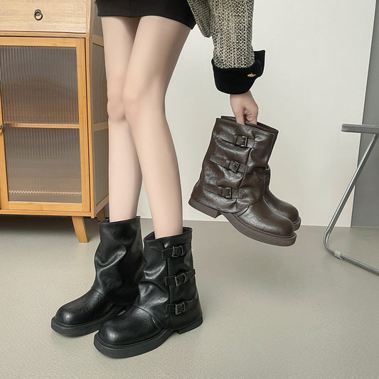Women's Pleated Platform Bootie Belt Buckle Pants Women's Leather Boots