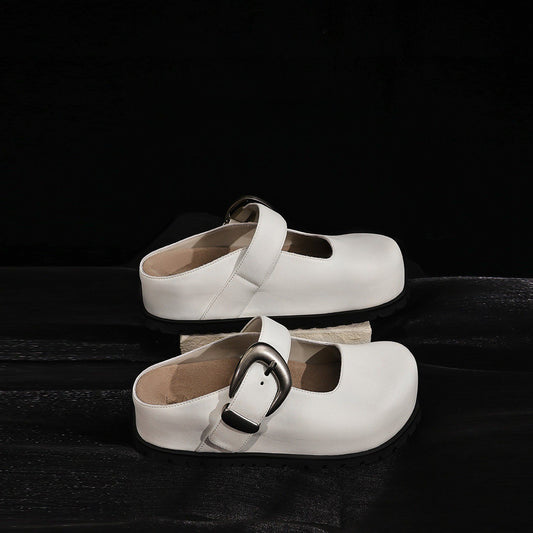 Women's Cowhide Version Grape Mom Round Toe Invisible Elevated With Mary Leather Shoes