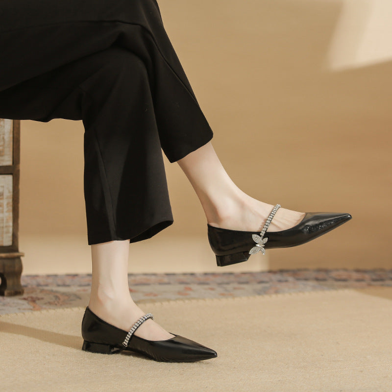 Women's Chunky Flat Pointed Toe Rhinestone Bow Women's Fashion Shoes