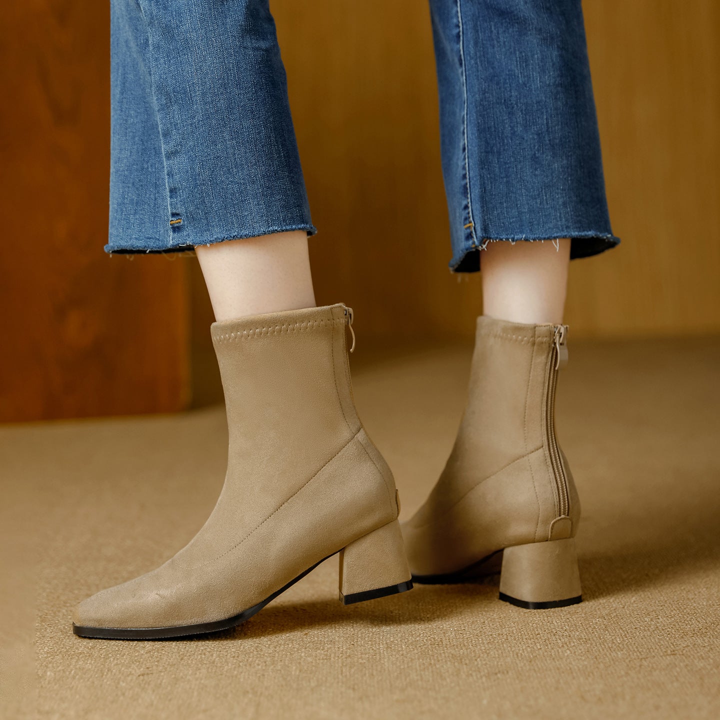 Women's French Square Toe Chunky Suede Ankle Boots