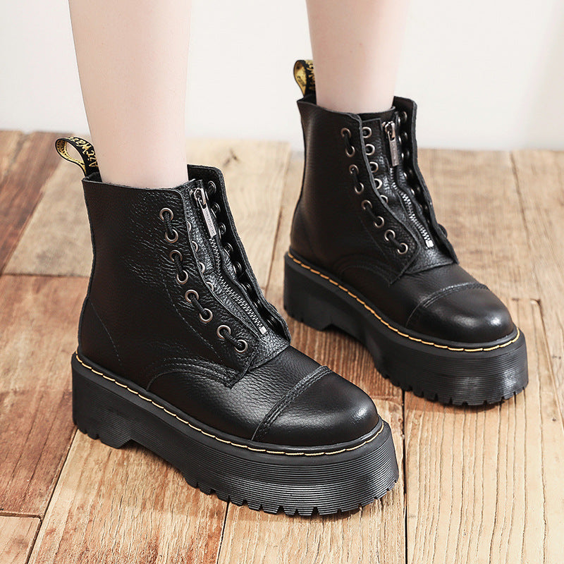 British Thick-soled Martin Front Zipper Top Layer Lychee Pattern Ankle Women's Leather Boots