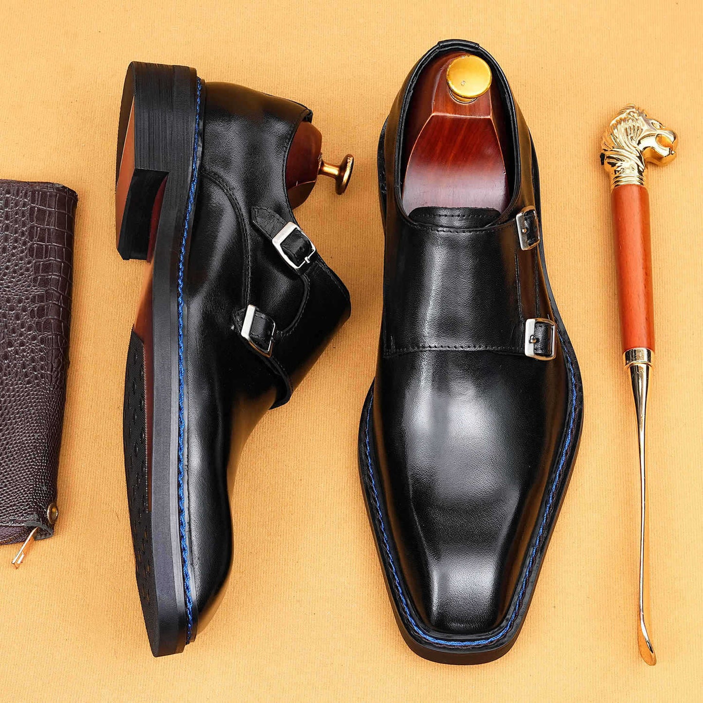 Men's Square Toe Genuine Formal Wear Norwegian Seam Buckle Men's Business Leather Shoes