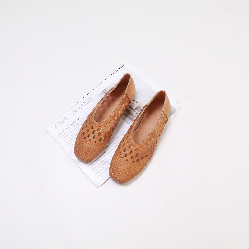 Women's Handmade Braided Square Toe Hollow Flat Women's Casual Shoes