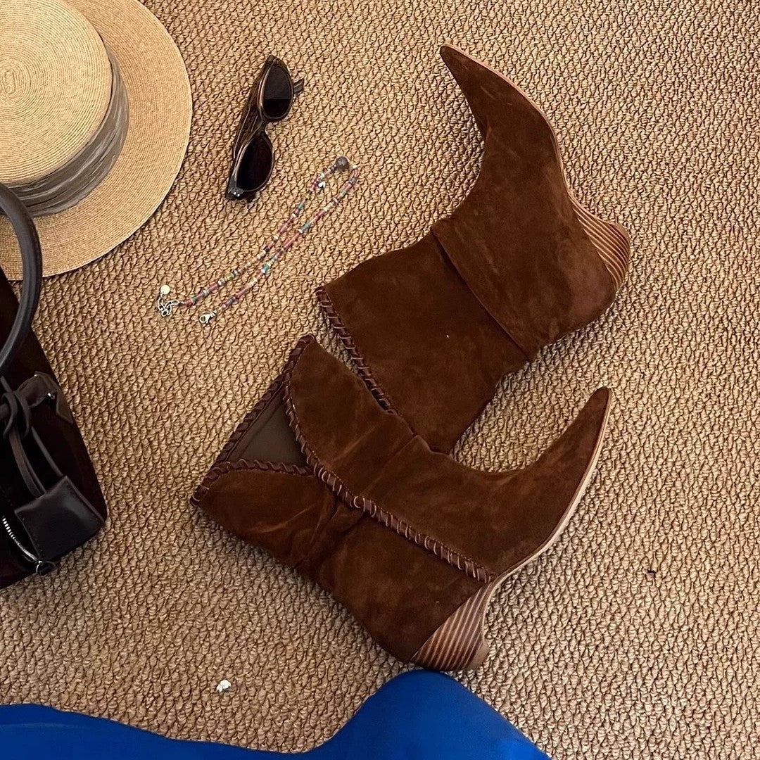 Niche String Tapered Pointed Western Cowboy Pile Style Female Thin Boots